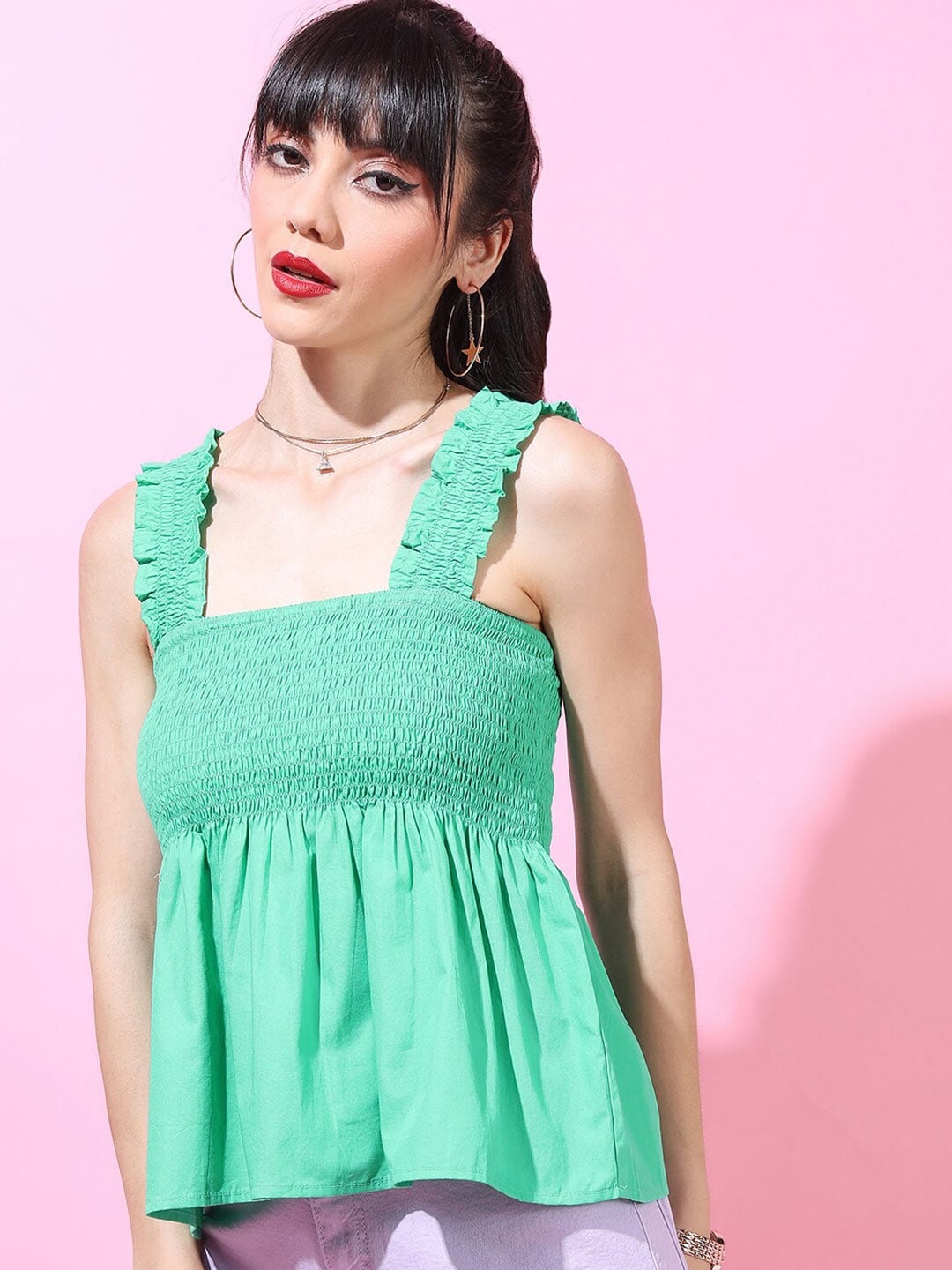 

Tokyo Talkies Sea Green Smocked Pure Cotton Empire Top