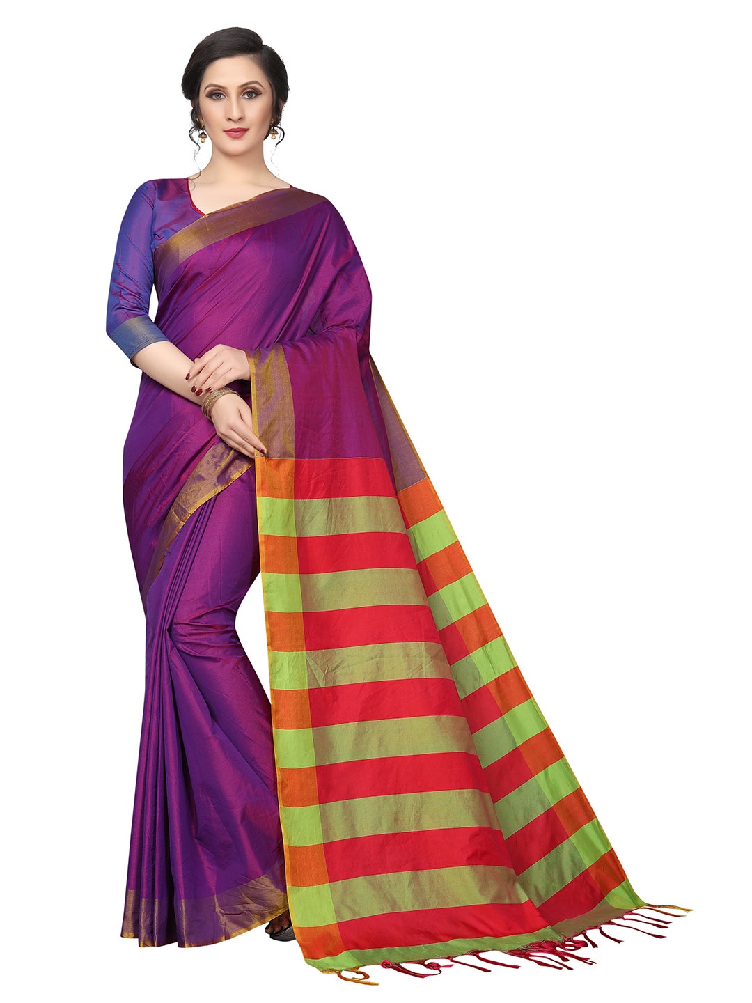 

PERFECTBLUE Purple & Red Woven Design Zari Silk Blend Tussar Saree