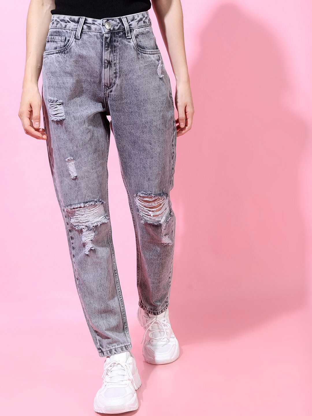 

Tokyo Talkies Women Grey Straight Fit Highly Distressed Heavy Fade Jeans
