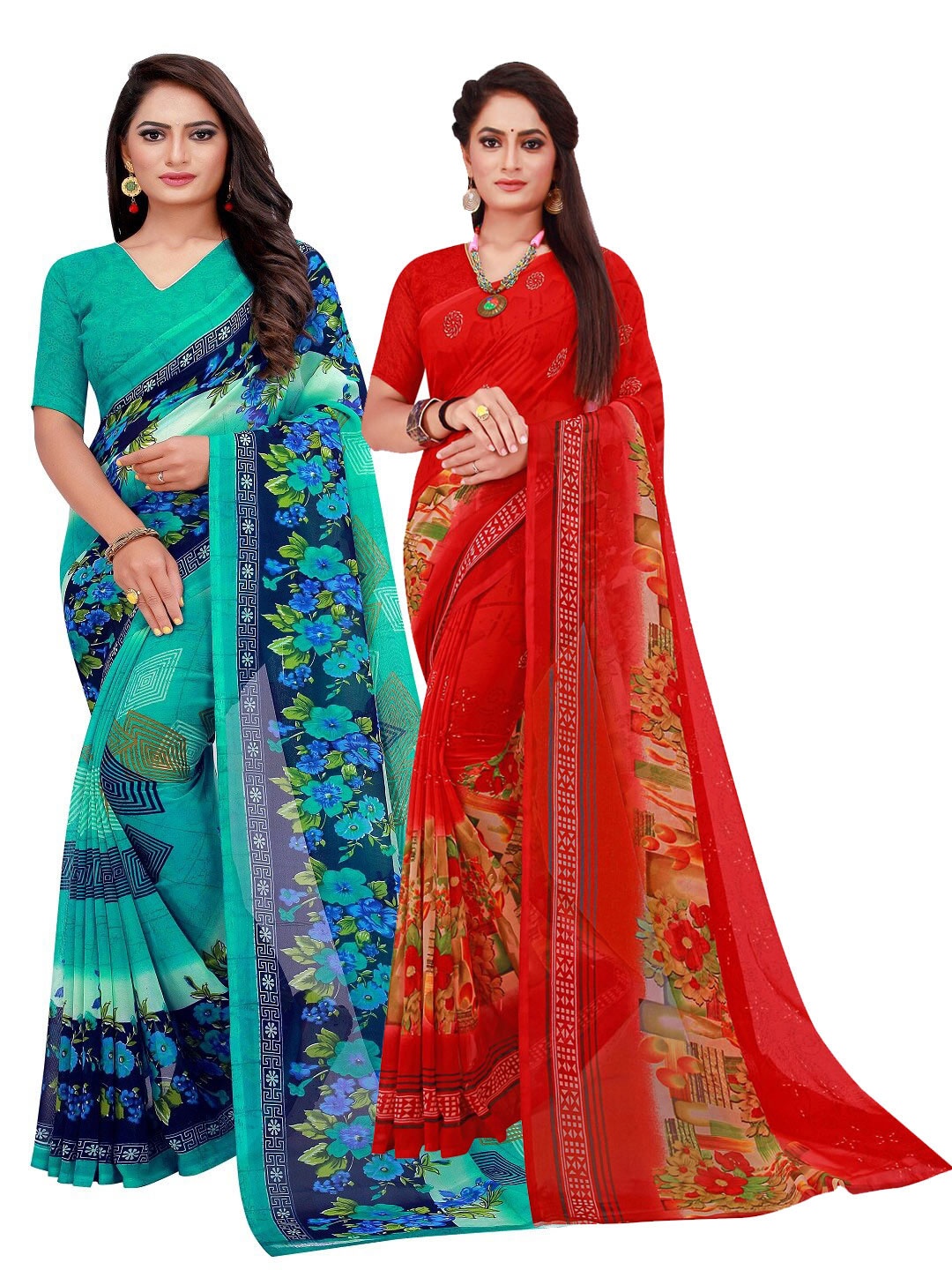 

Florence Pack of 2 Red & Turquoise Blue Floral Pure Georgette Saree