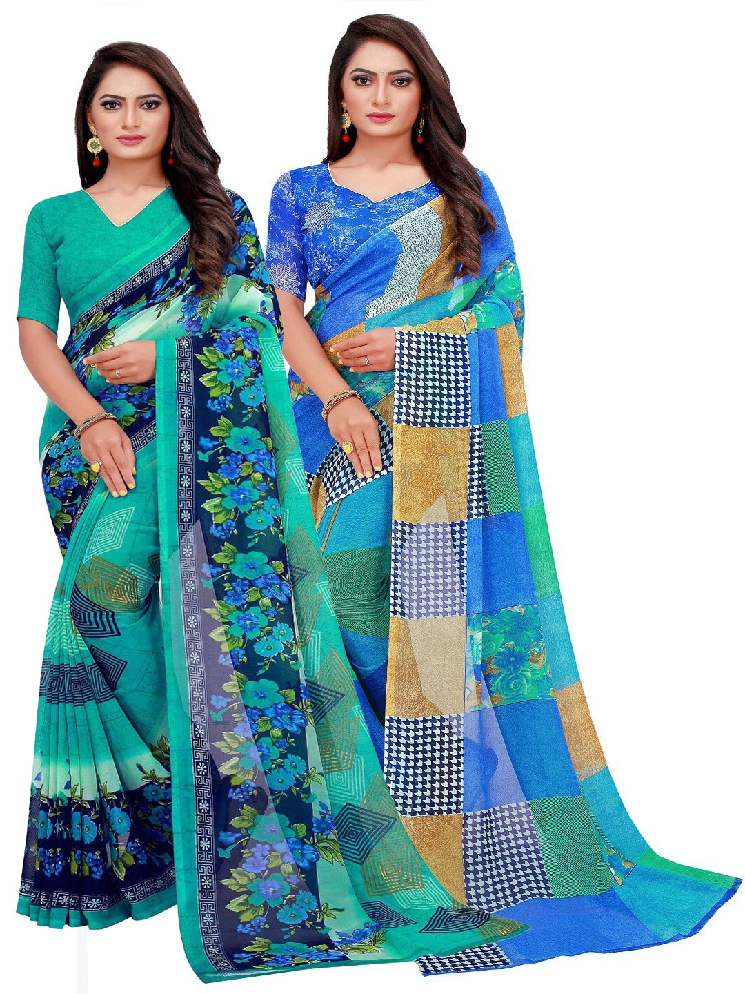 

Florence Pack of 2 Blue & Turquoise Blue Floral Pure Georgette Sarees