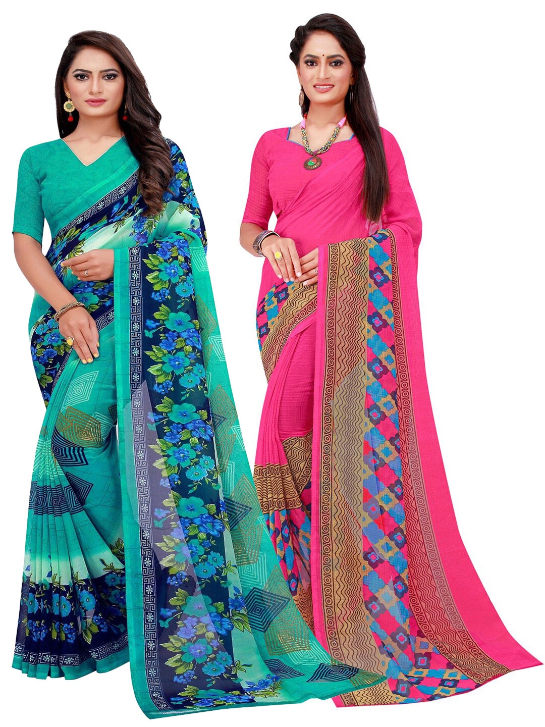 

Florence Pack Of 2 Magenta & Turquoise Blue Floral Pure Georgette Saree