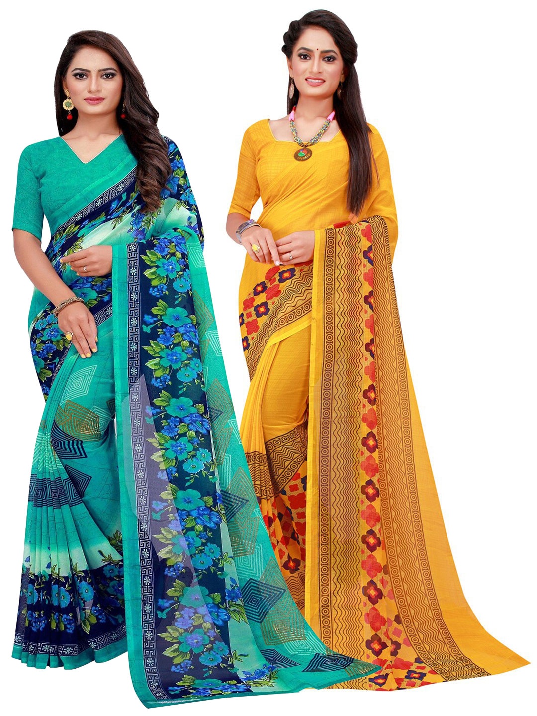 

Florence Turquoise Blue & Yellow Set Of 2 Floral Printed Pure Georgette Saree