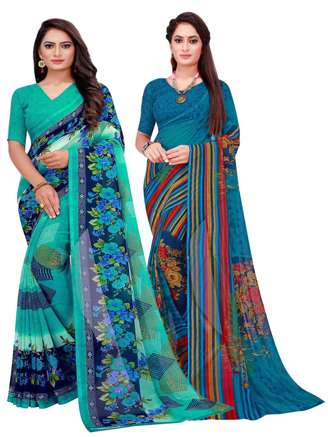 

Florence Pack of 2 Turquoise Blue & Green Floral Printed Pure Georgette Saree