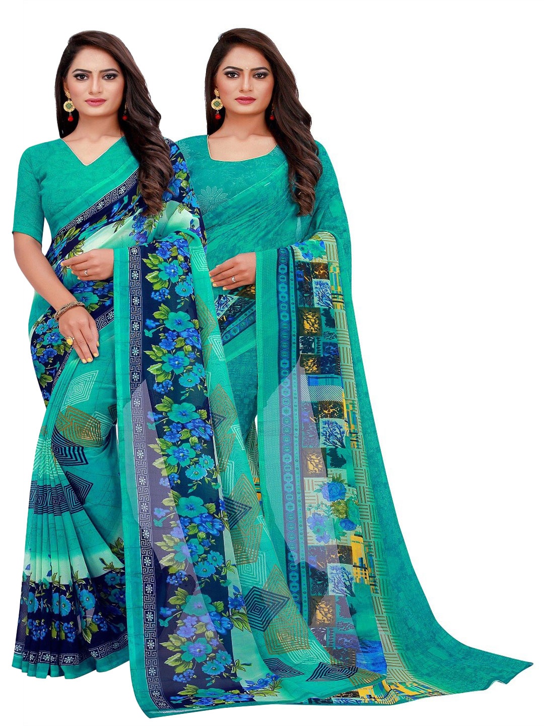 

Florence Pack Of 2 Turquoise Blue Floral Pure Georgette Saree