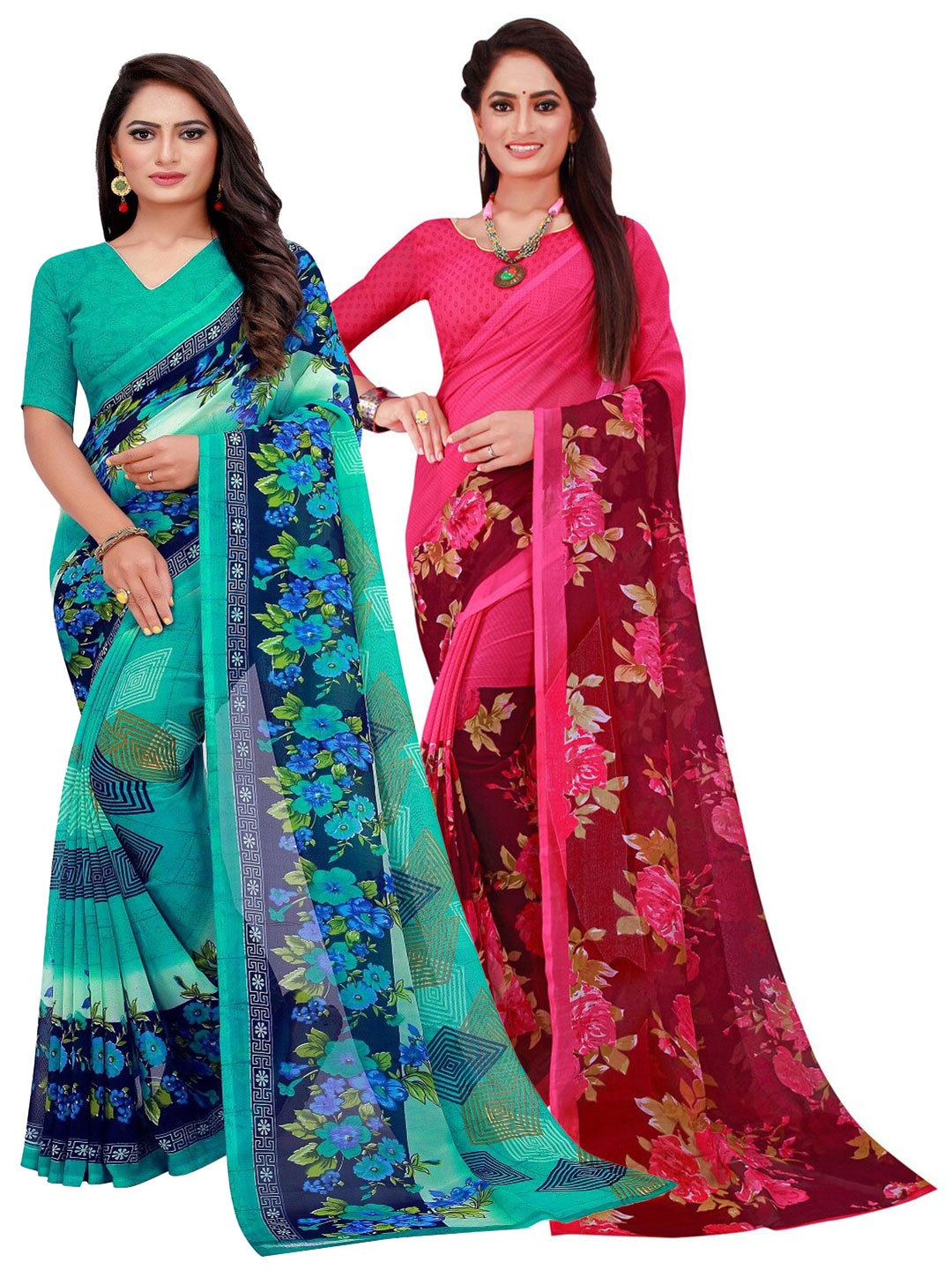 

Florence Pack of 2 Turquoise Blue & Magenta Floral Pure Georgette Saree