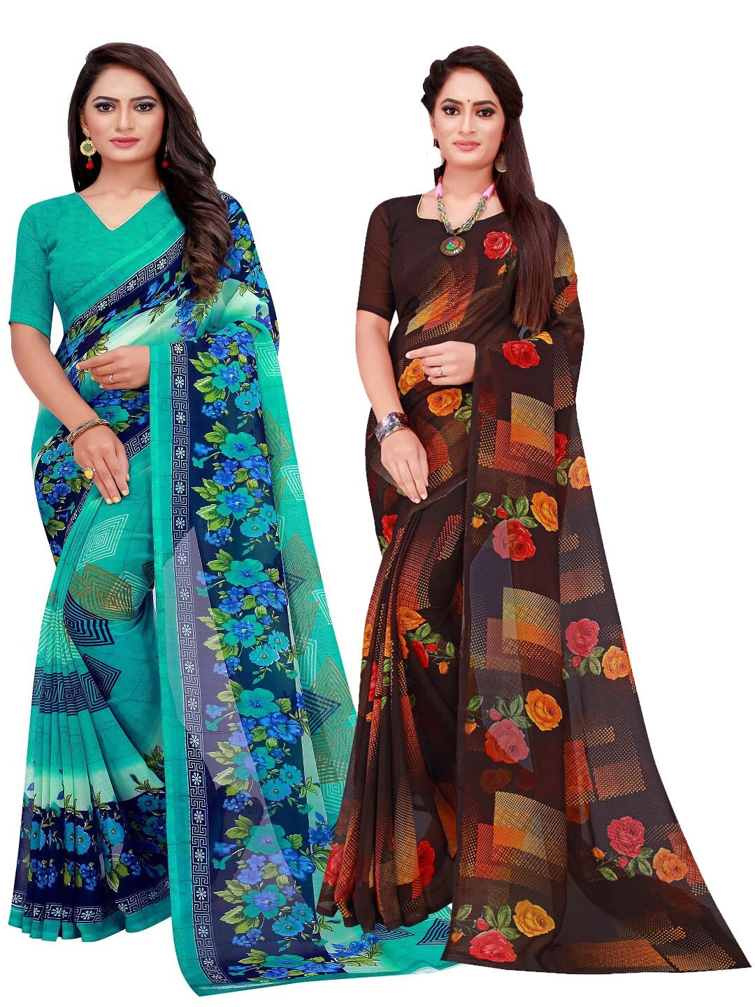 

Florence Pack of 2 Turquoise Blue & Black Floral Pure Georgette Sarees