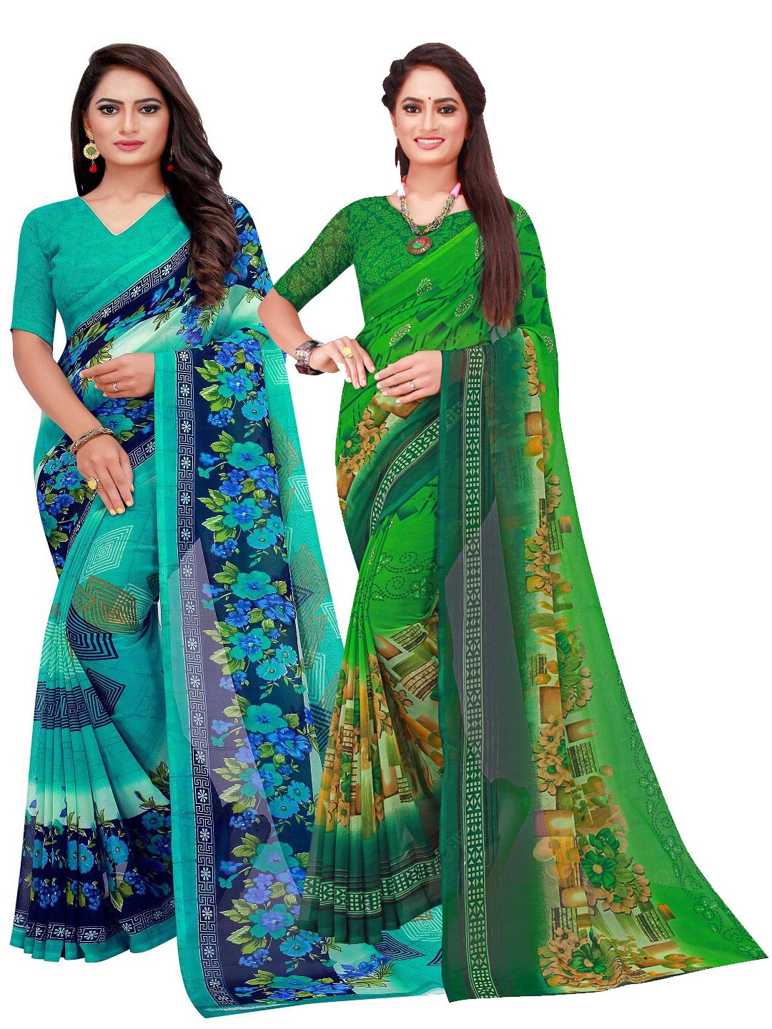 

Florence Pack of 2 Turquoise Blue & Green Floral Pure Georgette Saree