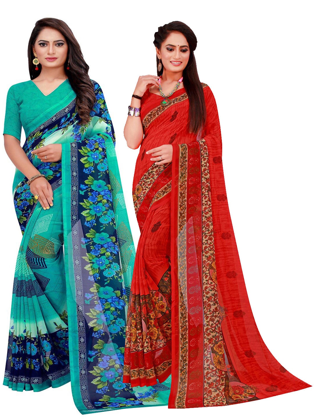 

Florence Pack of 2 Turquoise Blue & Red Floral Pure Georgette Saree