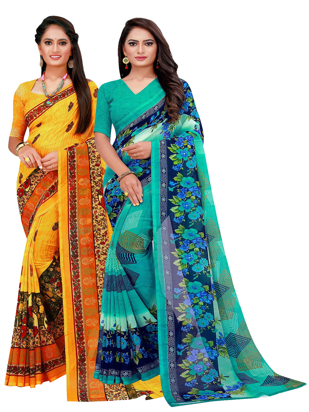

Florence Pack of 2 Printed Pure Georgette Sarees, Turquoise blue