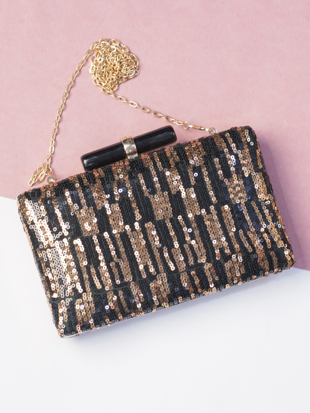 

ARTKLIM Women Black & Gold-Toned Printed Embellished Box Clutch