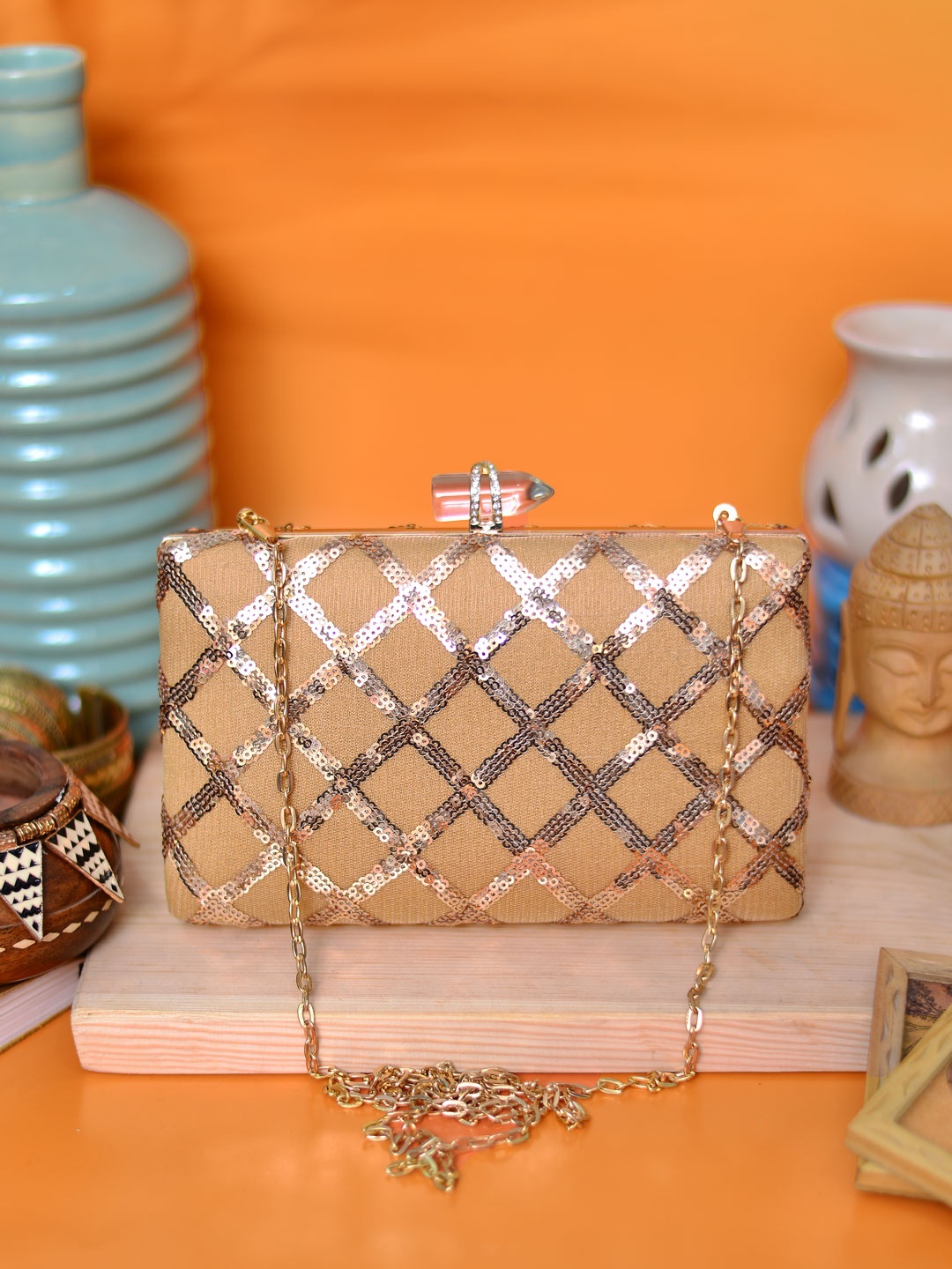 

ARTKLIM Cream-Coloured & Gold-Toned Embellished Box Clutch