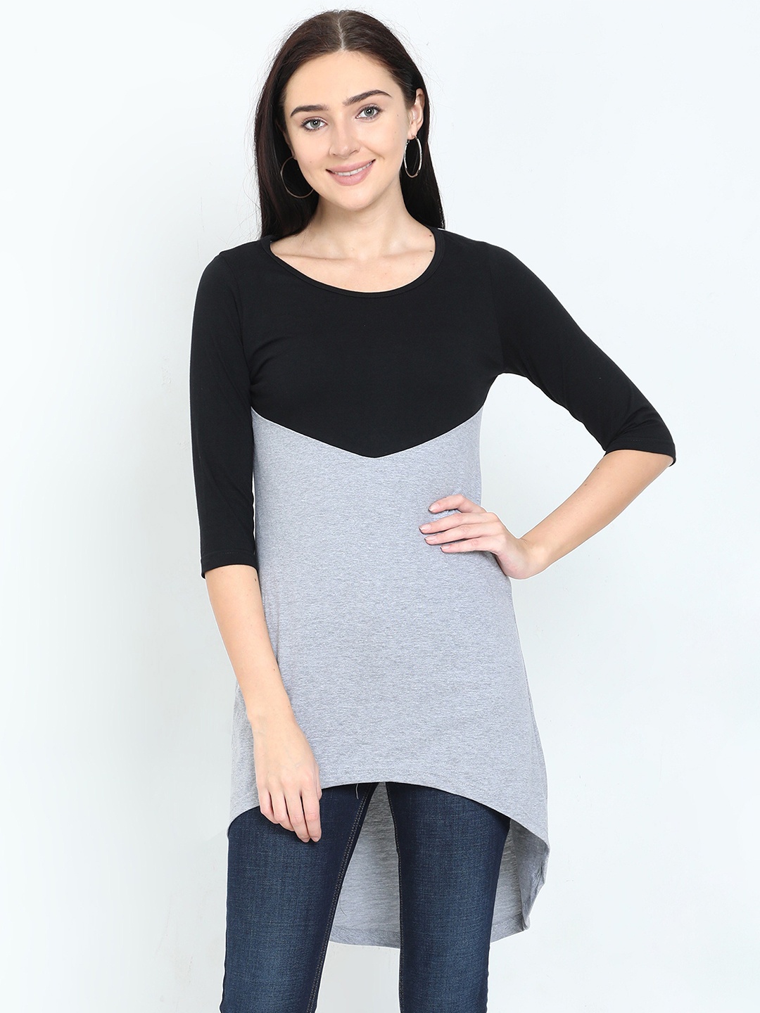 

Fleximaa Black & Grey Colourblocked High-Low Longline Top
