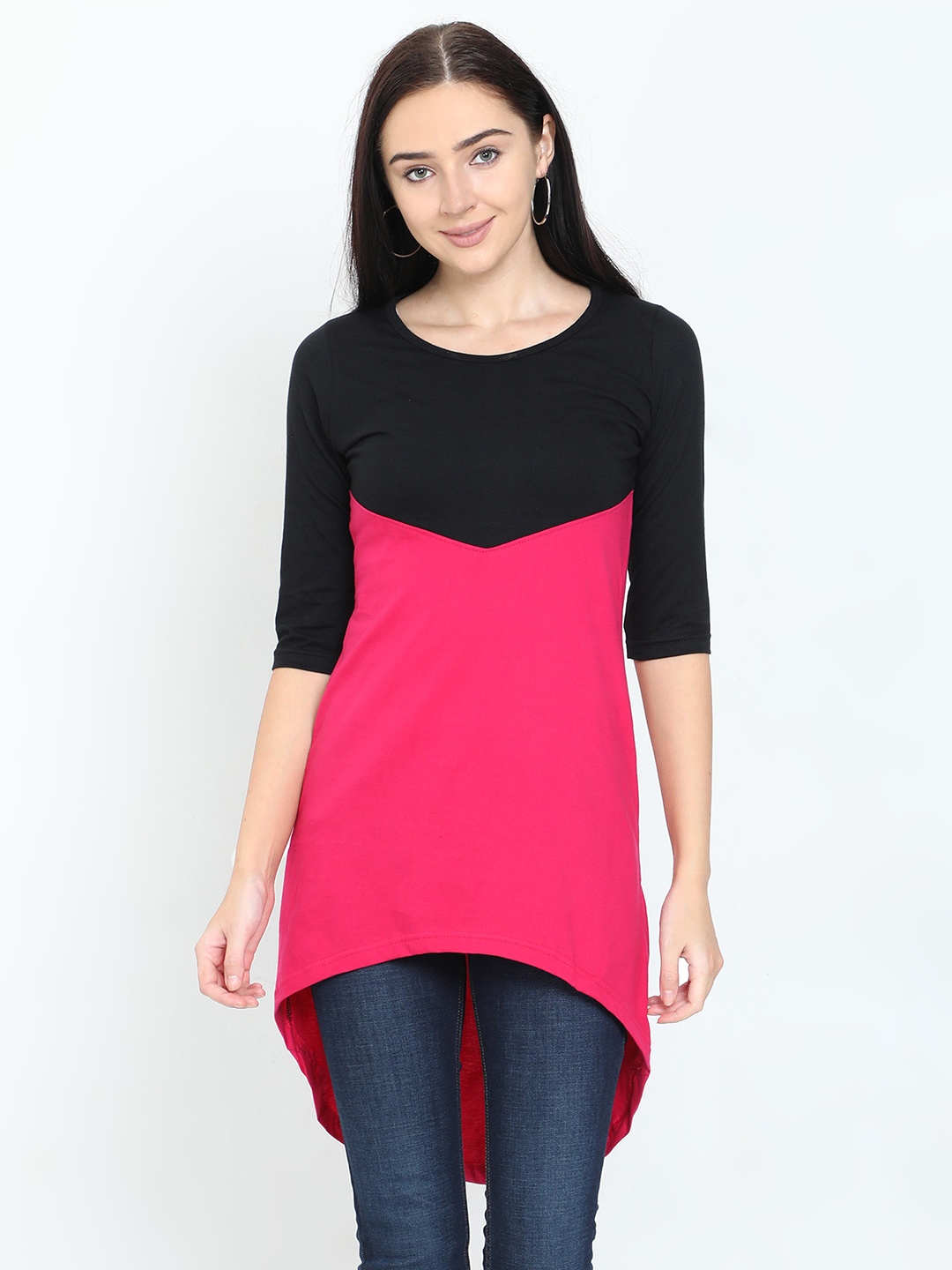 

Fleximaa Black & Pink Colourblocked High-Low Longline Top