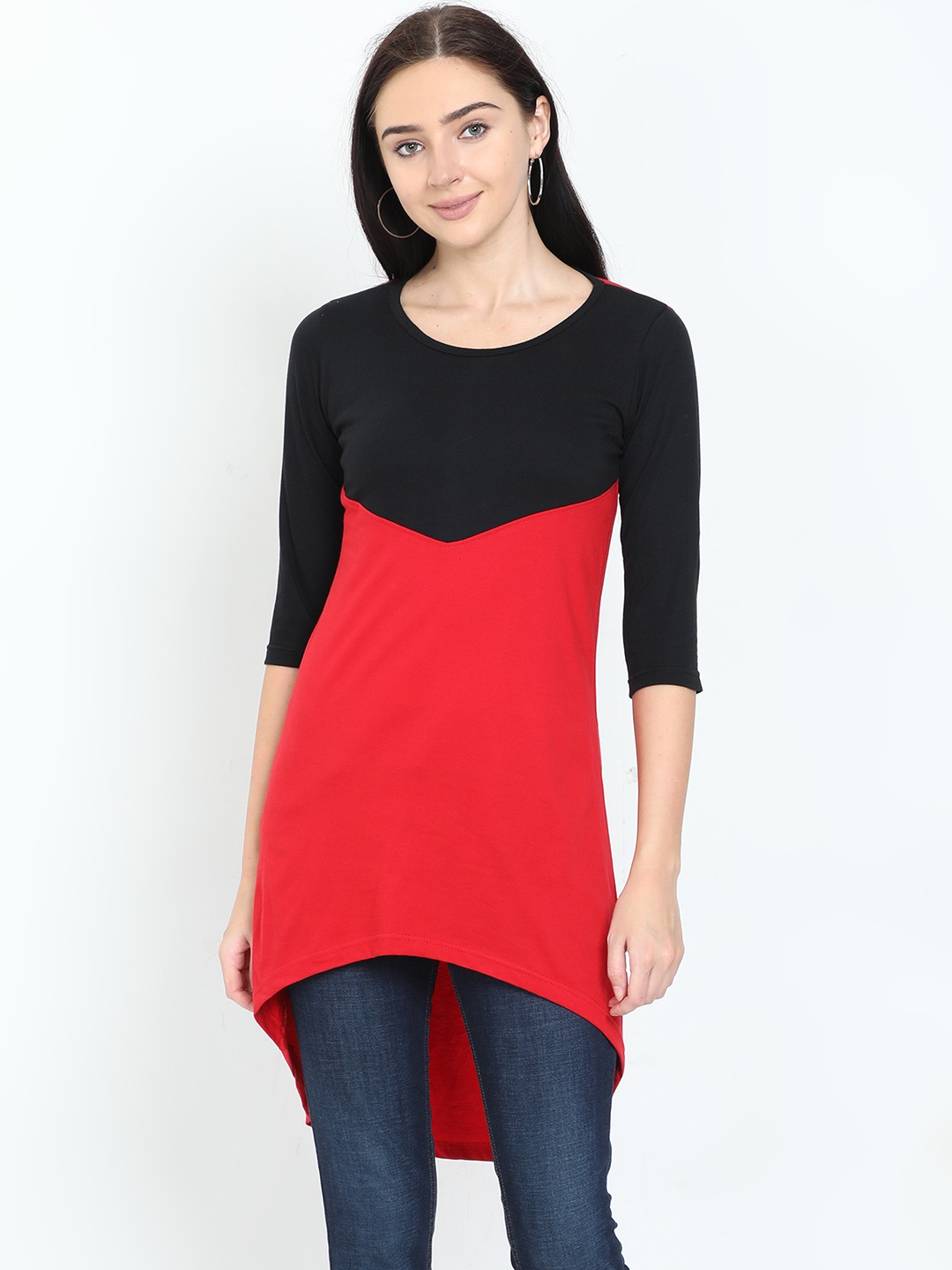 

Fleximaa Red & Black Colourblocked High-Low Longline Pure Cotton Top