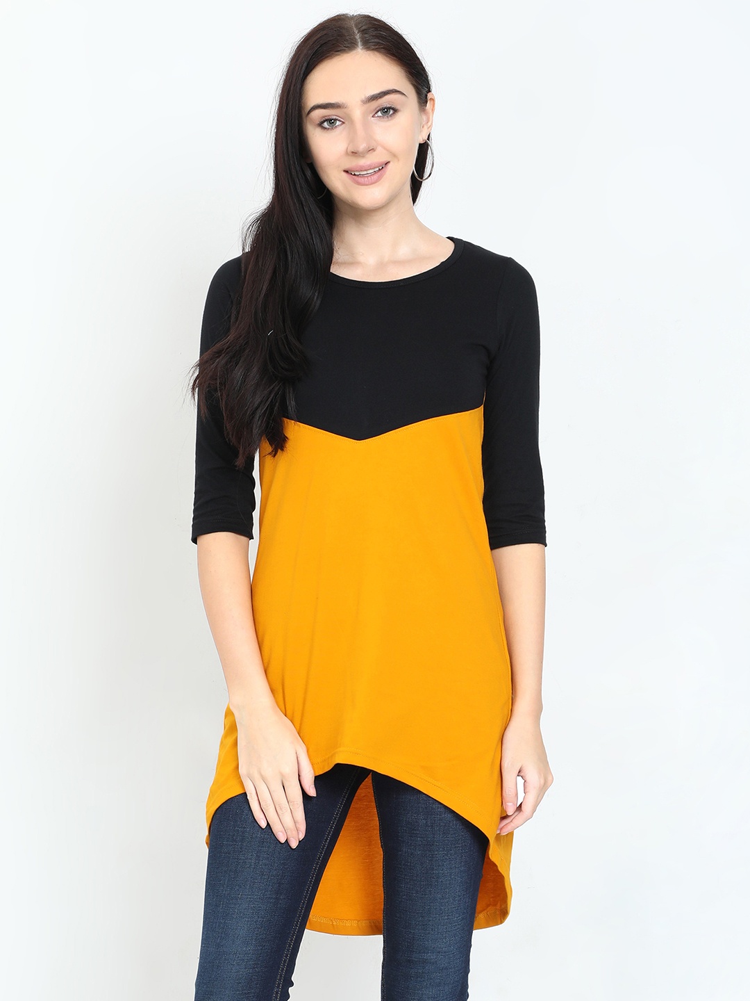 

Fleximaa Black & Mustard Yellow Colourblocked Pure Cotton High-Low Longline Top