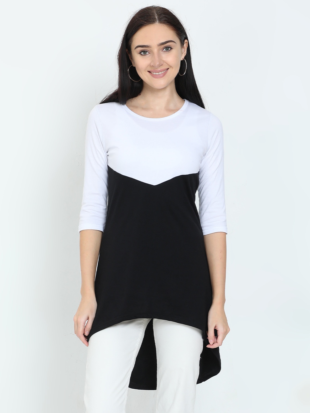 

Fleximaa Black & White Colourblocked High-Low Pure Cotton Longline Top