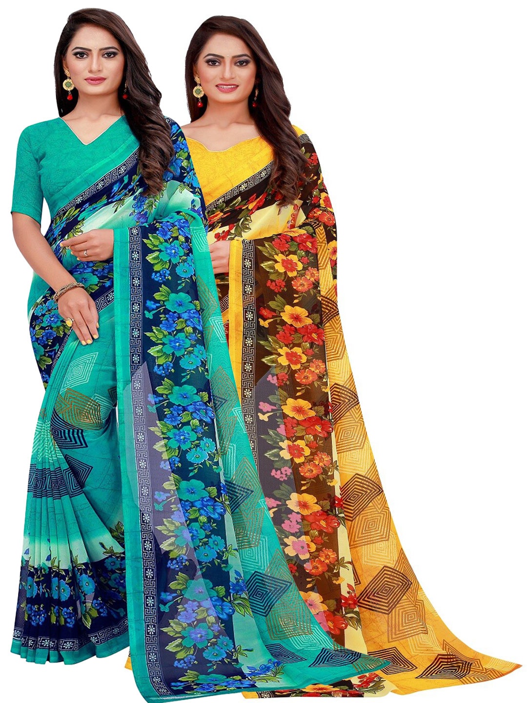 

Florence Pack Of 2 Teal Blue & Yellow Floral Pure Georgette Saree