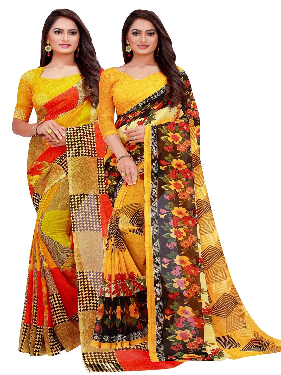 

Florence Set Of 2 Yellow & Red Floral Pure Georgette Saree