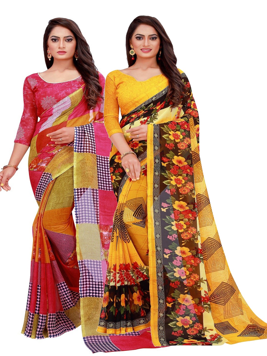 

Florence Pack Of 2 Red & Yellow Floral Pure Georgette Saree
