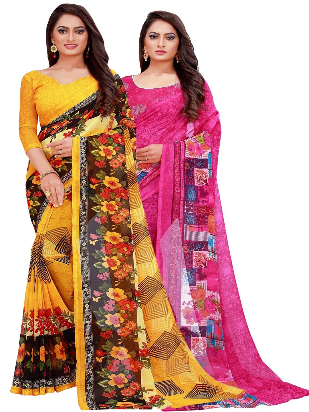 

Florence Pack of 2 Yellow & Pink Floral Pure Georgette Saree