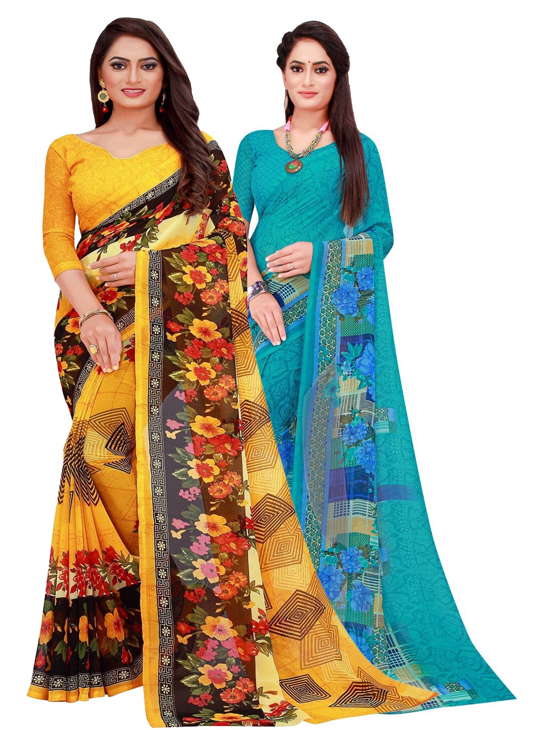 

Florence Pack of 2 Teal & Yellow Floral Saree