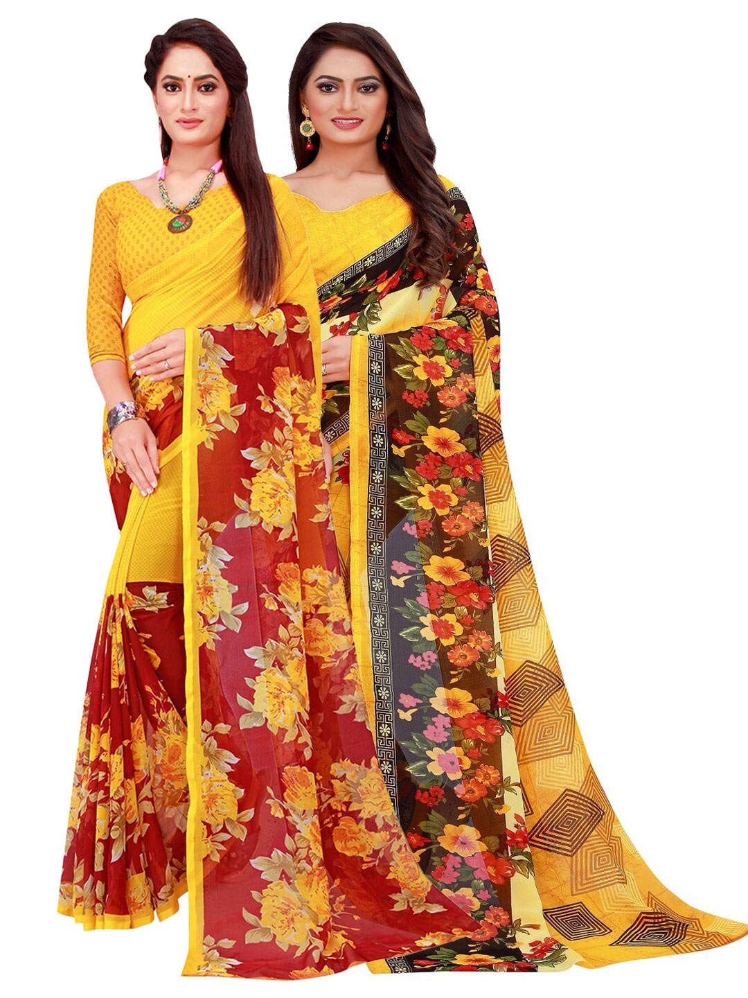 

Florence Pack Of 2 Yellow & Red Floral Pure Georgette Saree