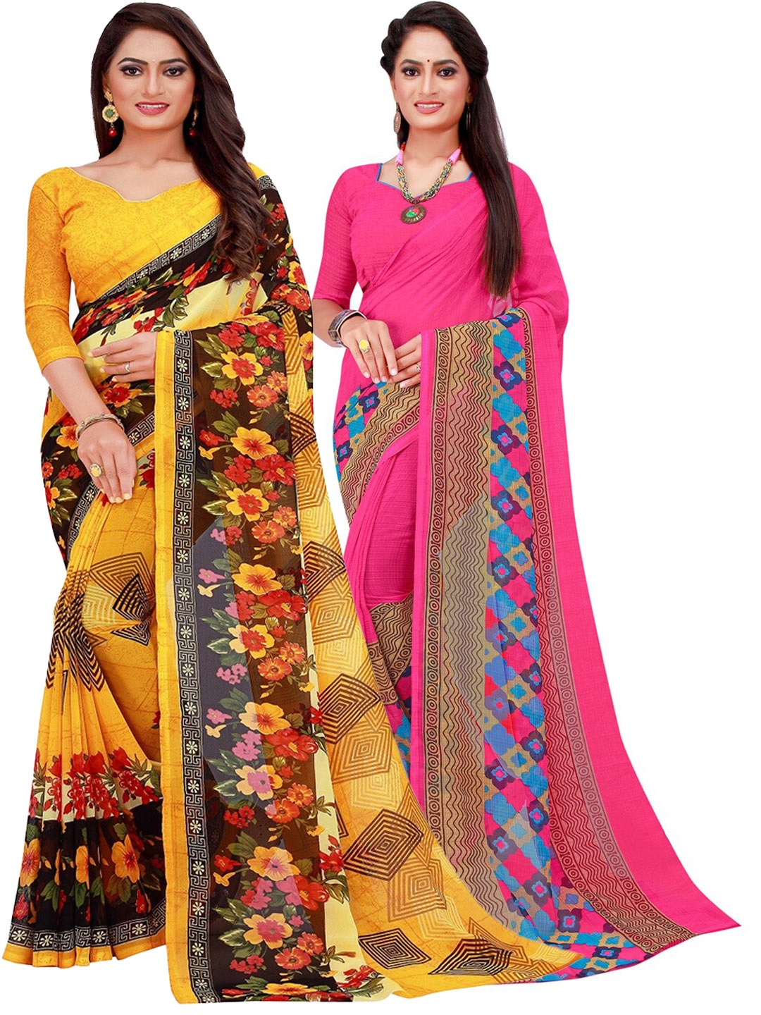 

Florence Magenta & Yellow Floral Set of 2 Pure Georgette Saree