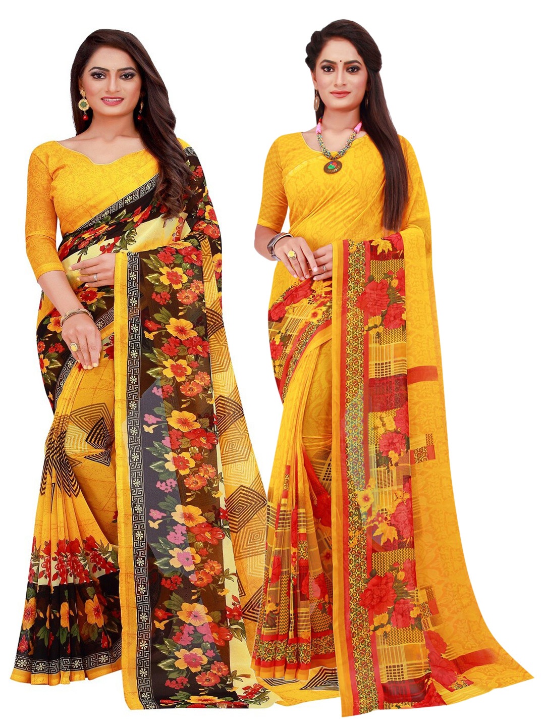 

Florence Yellow & Pink Floral Pure Georgette Saree Pack Of 2