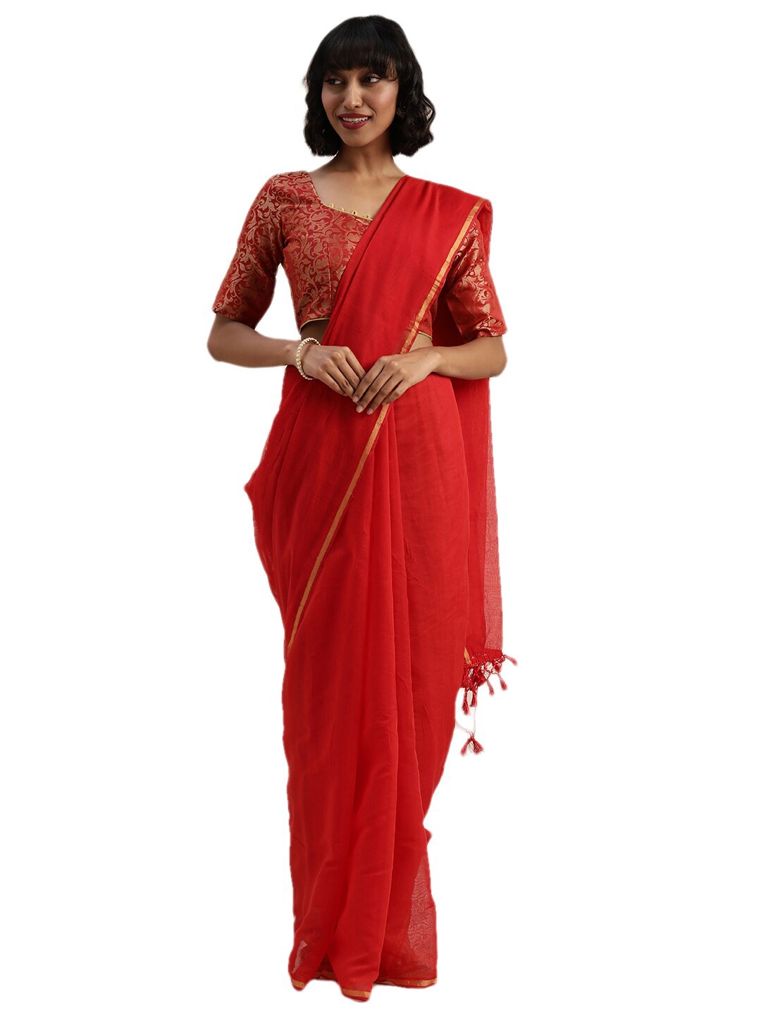 

KALINI Red & Gold-Toned Solid Zari Art Silk Saree