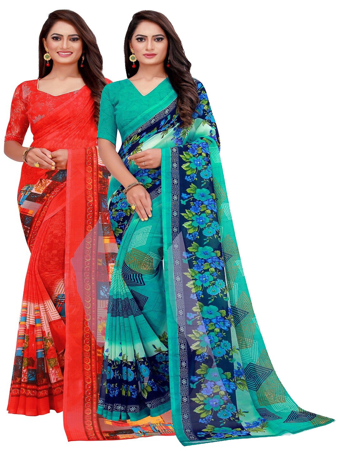 

SAADHVI Pack of 2 Red & Blue Floral Saree