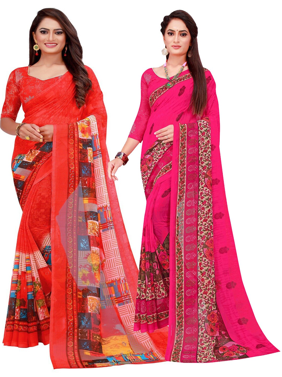 

SAADHVI Pack Of 2 Red & Pink Pure Georgette Saree