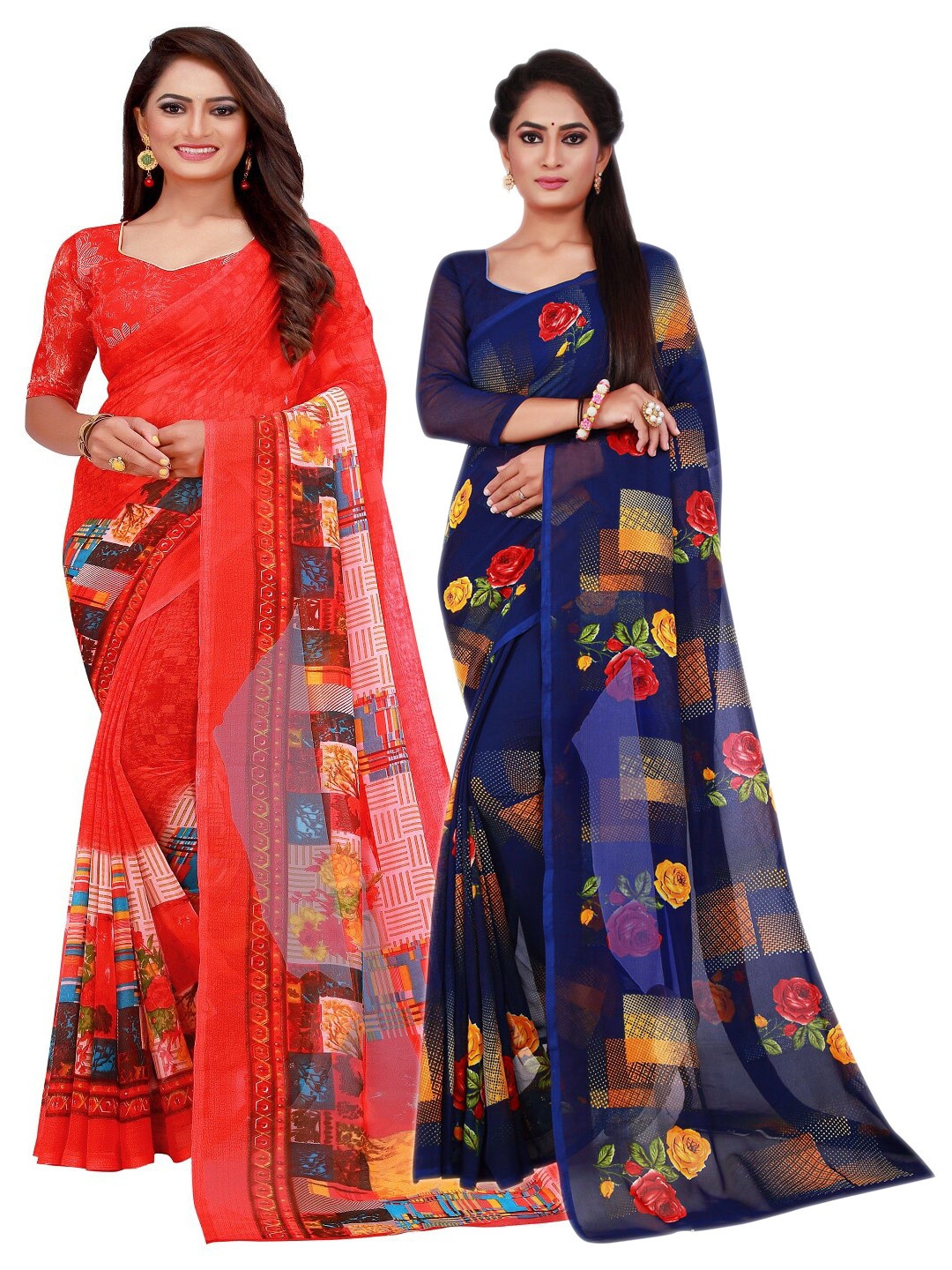 

SAADHVI Red & Blue Floral Pure Georgette Saree Pack Of 2