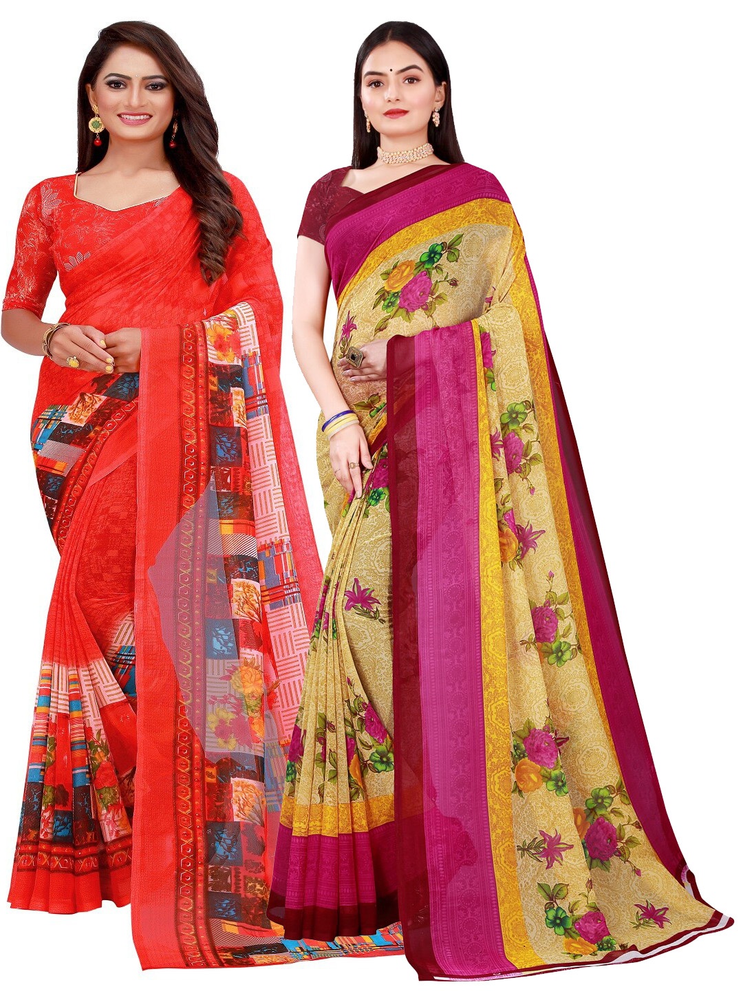 

SAADHVI Pack Of 2 Red & Yellow Floral Pure Georgette Saree