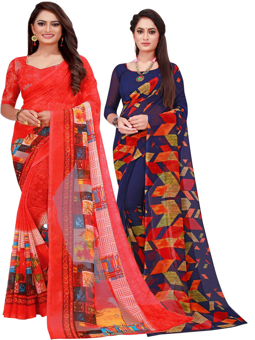 

SAADHVI Pack Of 2 Navy Blue & Red Pure Georgette Saree