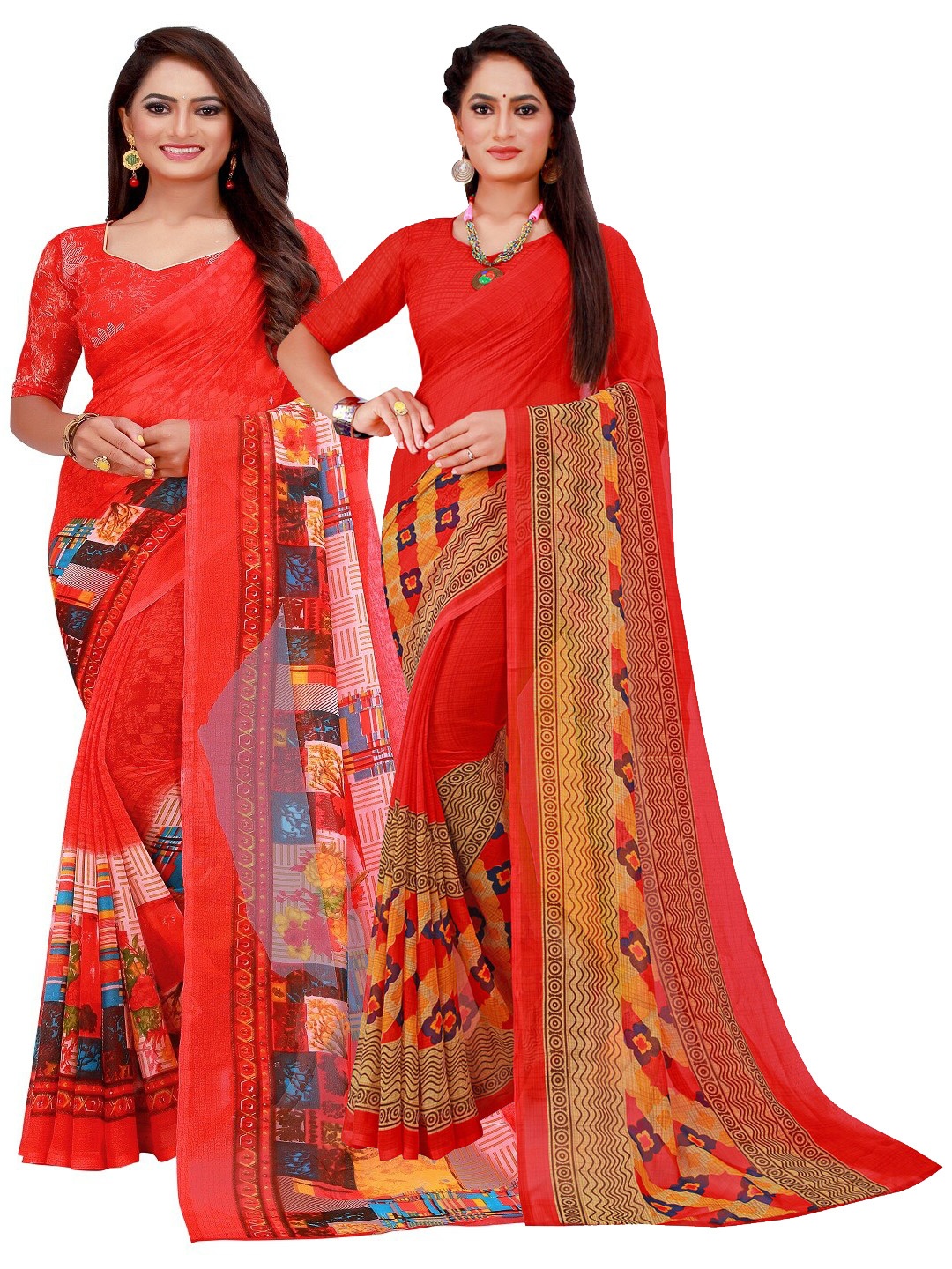 

SAADHVI Pack Of 2 Red & Blue Floral Pure Georgette Saree