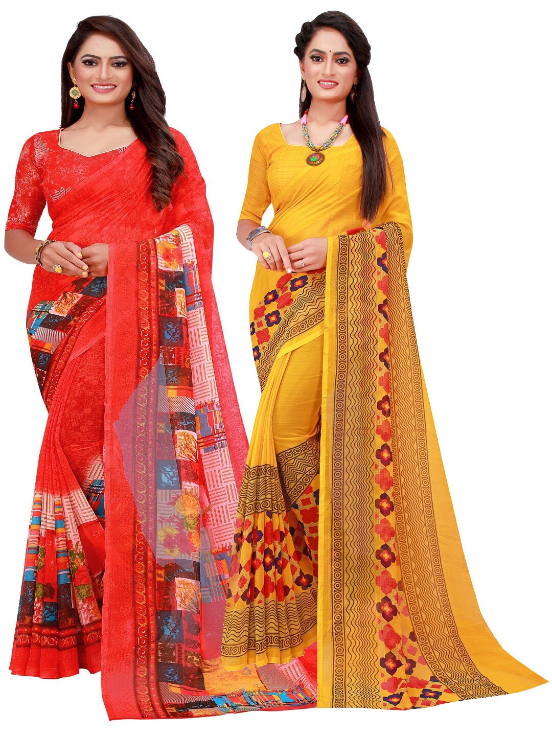 

SAADHVI Pack of 2 Red & Yellow Ethnic Motifs Pure Georgette Saree