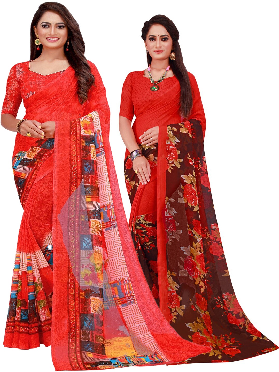 

SAADHVI Pack of 2 Printed Pure Georgette Sarees, Red
