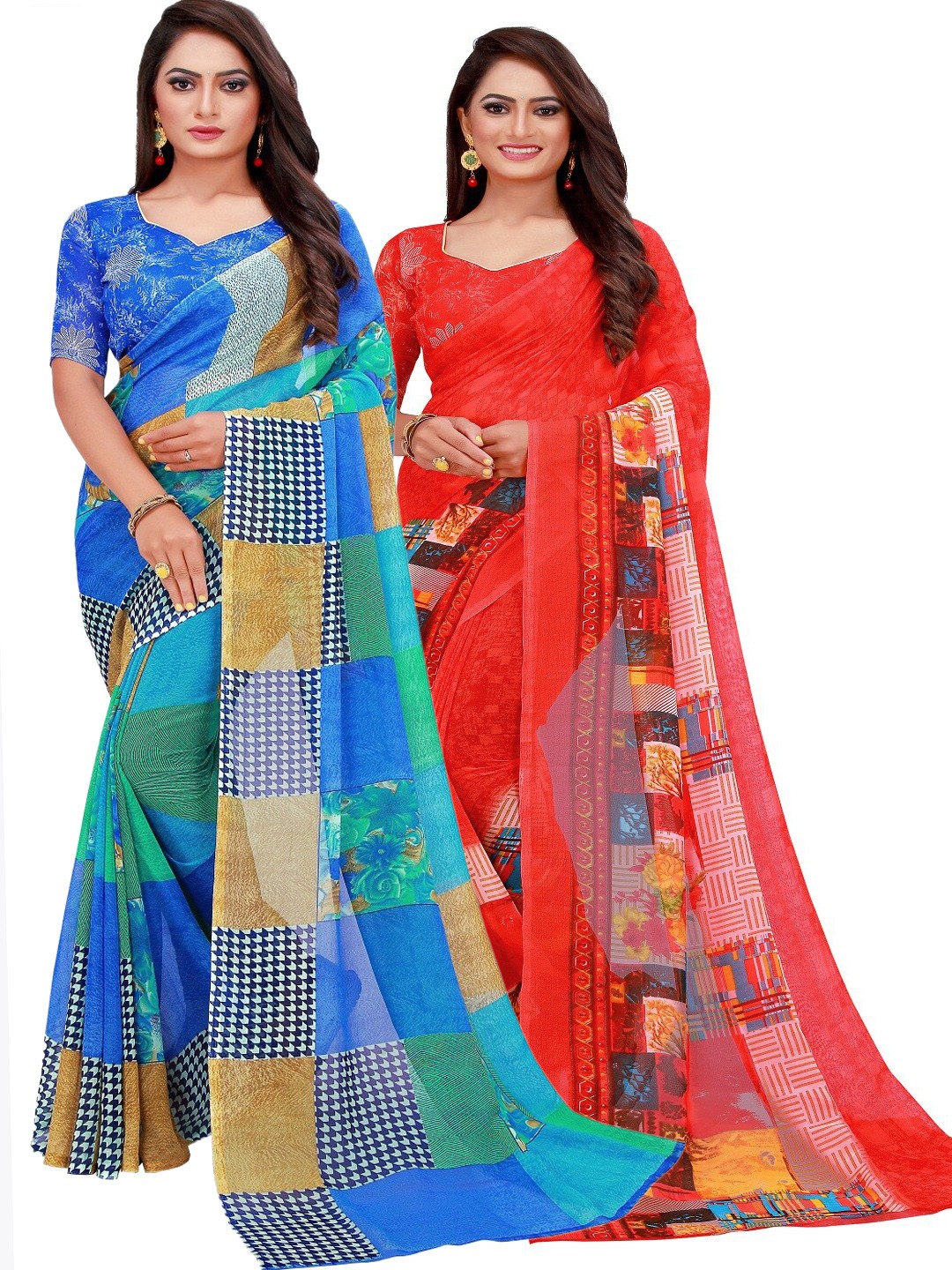 

SAADHVI Pack of 2 Blue & Red Pure Georgette Saree