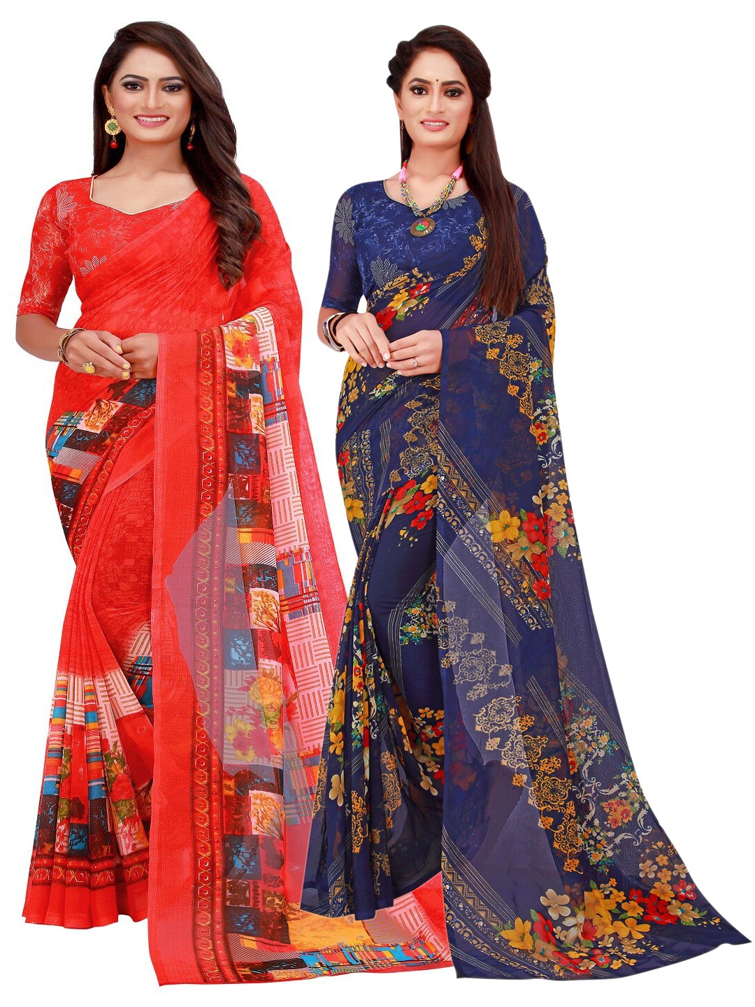 

SAADHVI Pack Of 2 Red & Blue Floral Pure Georgette Saree