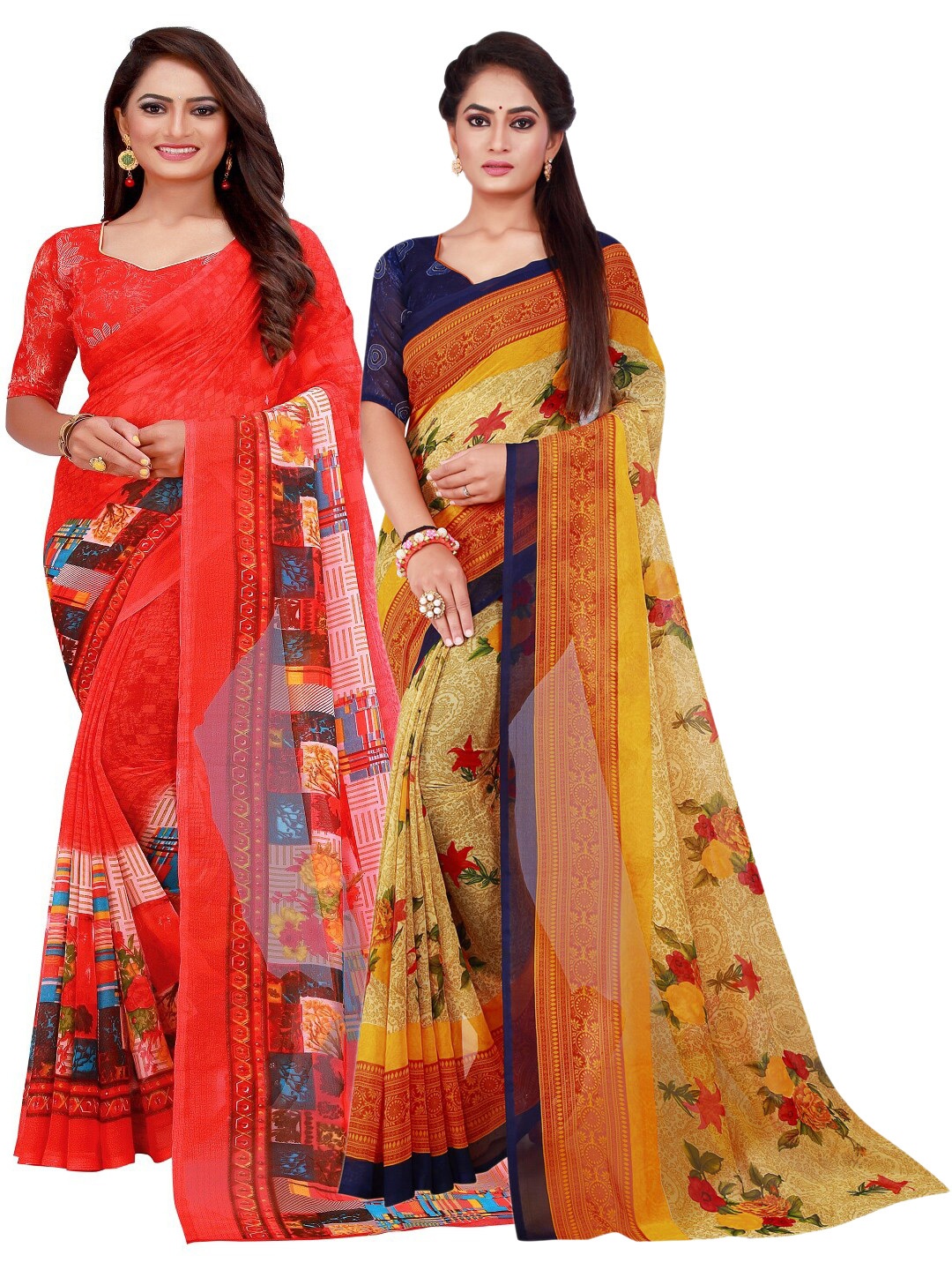 

SAADHVI Pack Of 2 Red & Yellow Floral Pure Georgette Saree