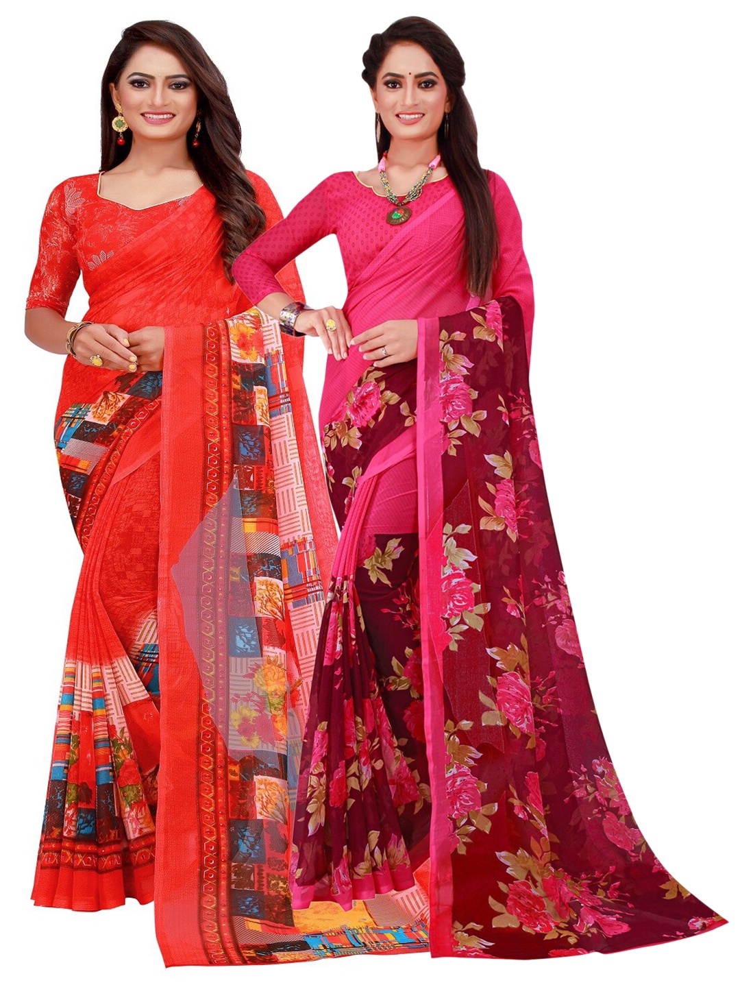 

SAADHVI Red & Magenta Floral Pure Georgette Saree