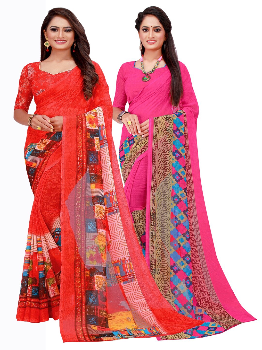 

SAADHVI Pack of 2 Magenta & Red Pure Georgette Saree