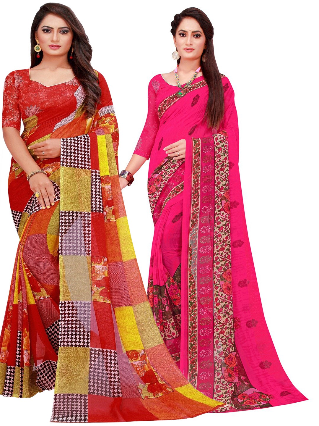 

SAADHVI Red & Pink Printed Pure Georgette Saree