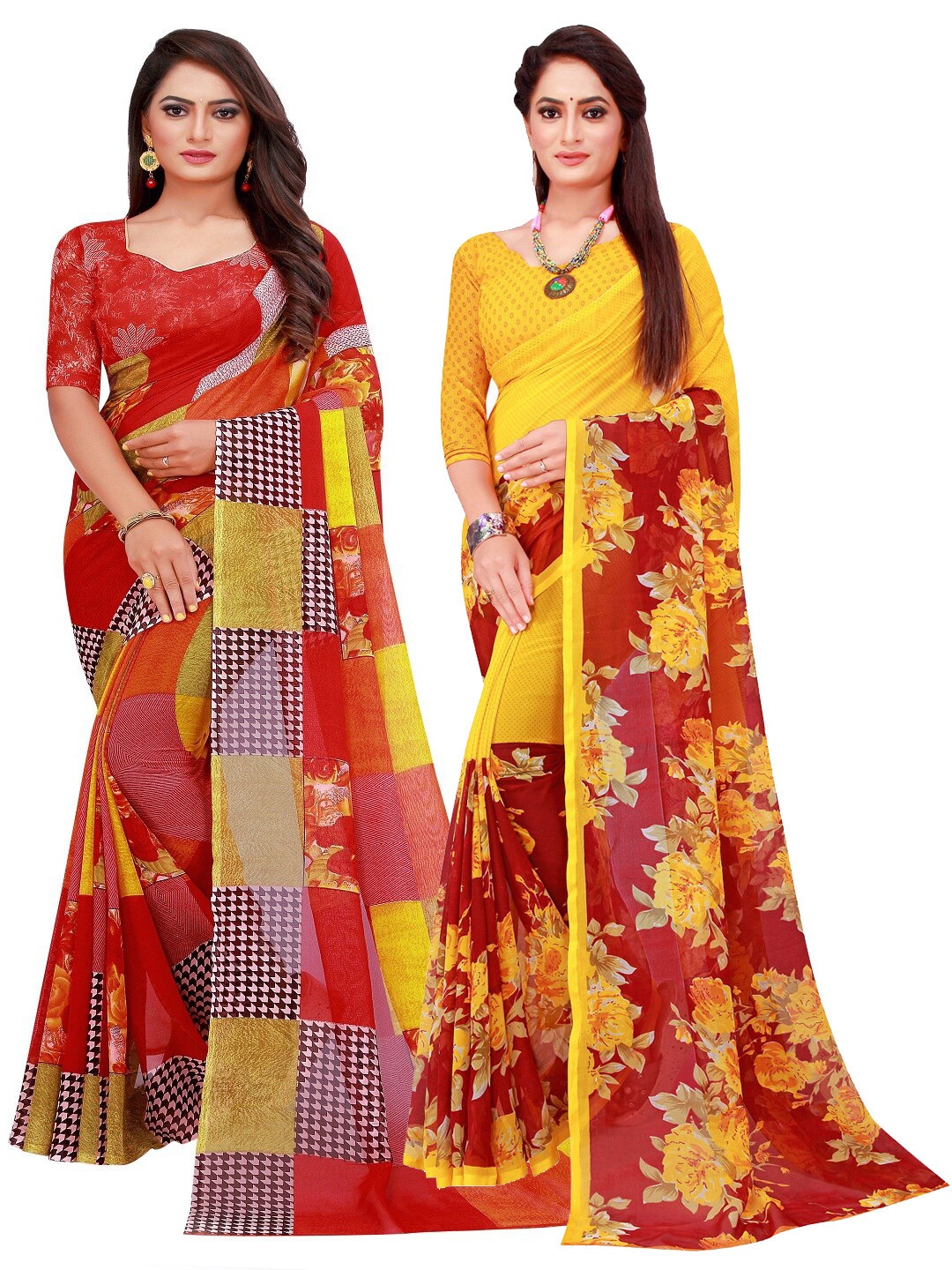 

SAADHVI Pack of 2 Red & Yellow Floral Pure Georgette Saree