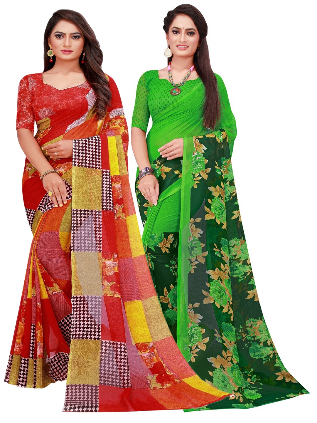 

SAADHVI Pack of 2 Red & Green Floral Saree