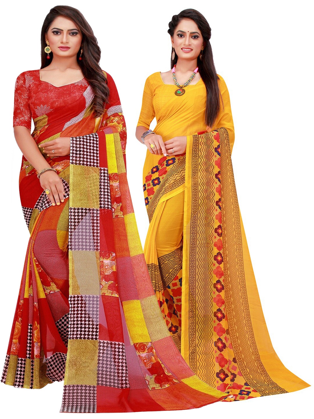 

SAADHVI Pack of 2 Red & Yellow Pure Georgette Saree