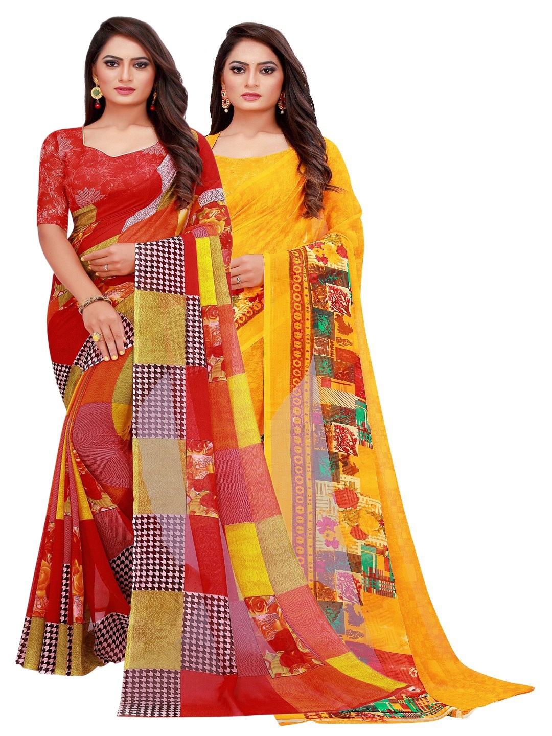 

SAADHVI Pack of 2 Red & Yellow Floral Pure Georgette Saree