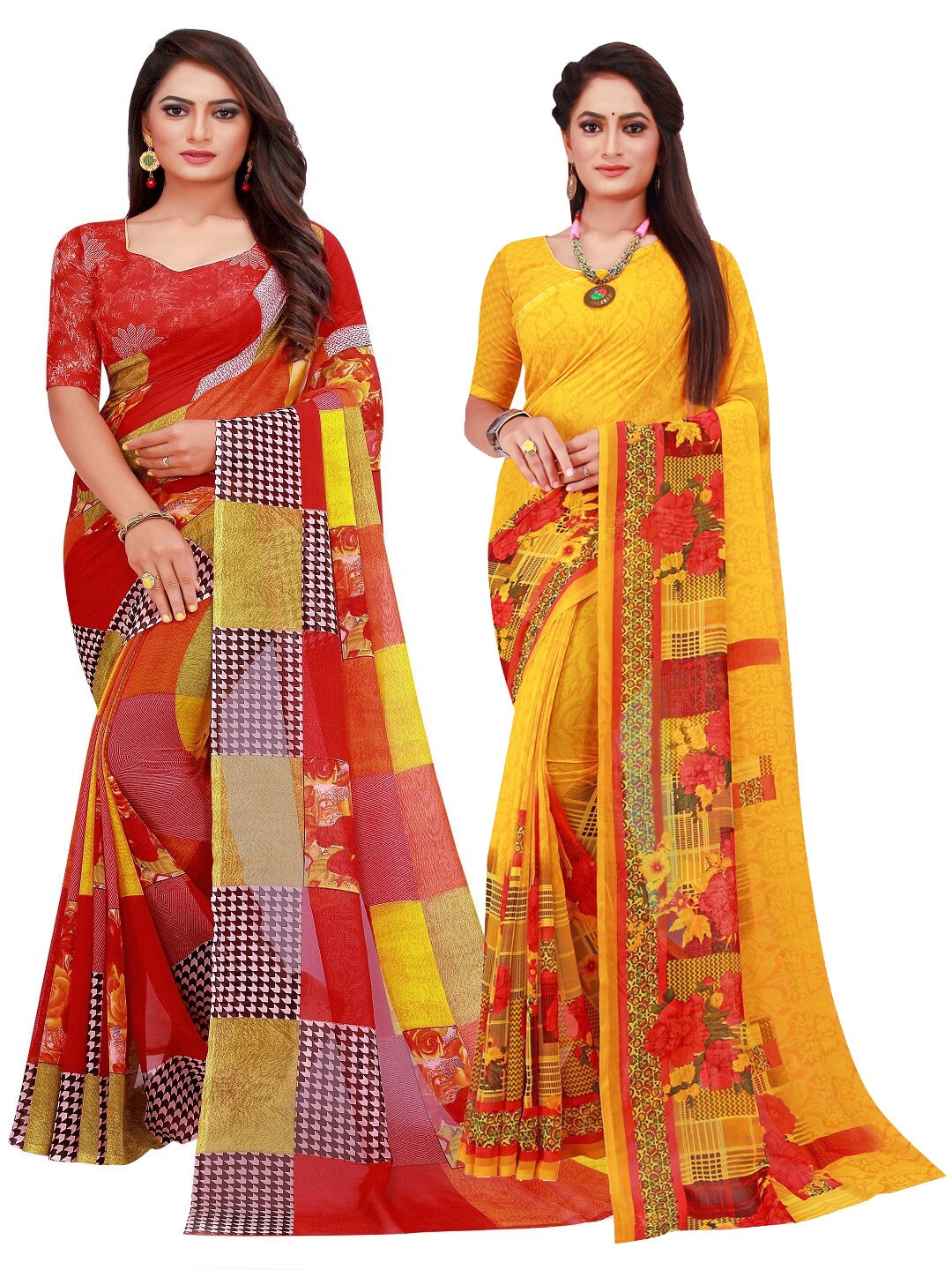 

SAADHVI Yellow & Red Floral Printed Pure Georgette Saree