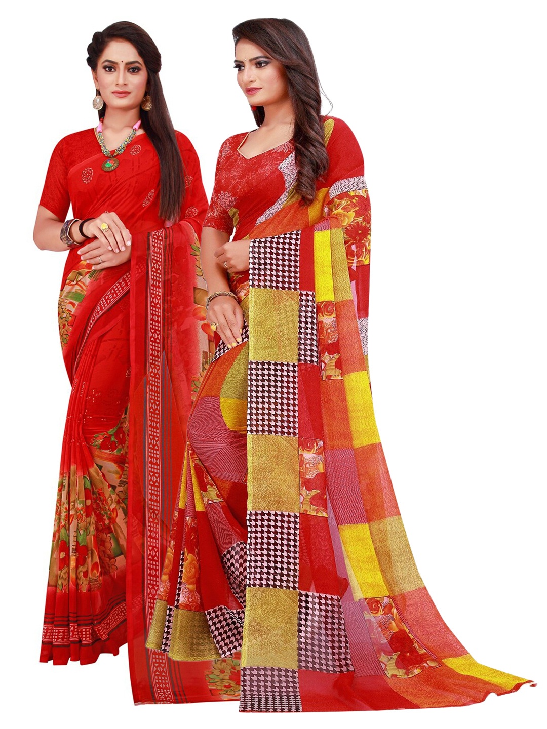 

SAADHVI Red & Yellow Set Of 2 Floral Pure Georgette Saree